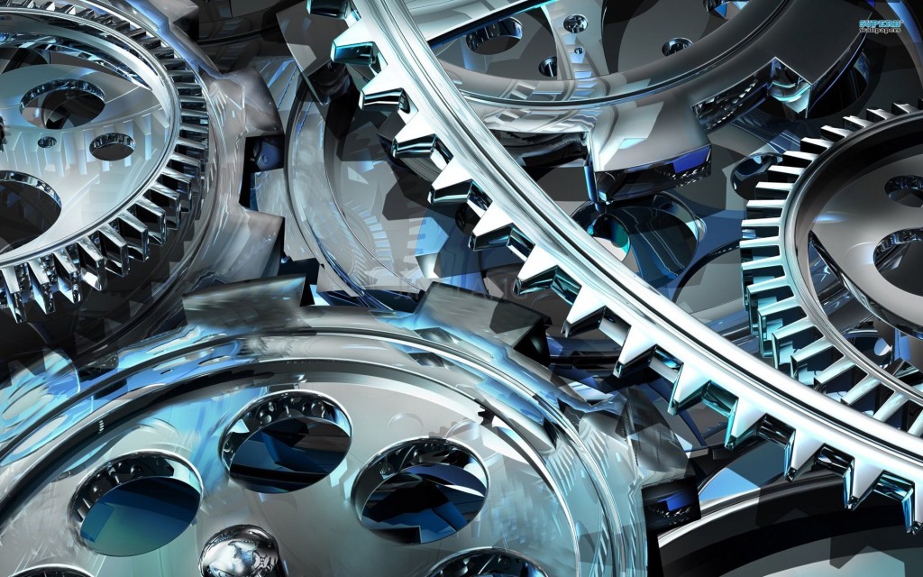 Close-up of interlocking metallic gears in blue and silver tones, suggesting mechanical precision and technical integration